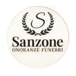 Logo per Sanzone Onoranze Funebri, con una corona d'alloro nera e una S su sfondo bianco.