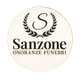 Logo per Sanzone Onoranze Funebri, con una corona d'alloro nera e una S su sfondo bianco.
