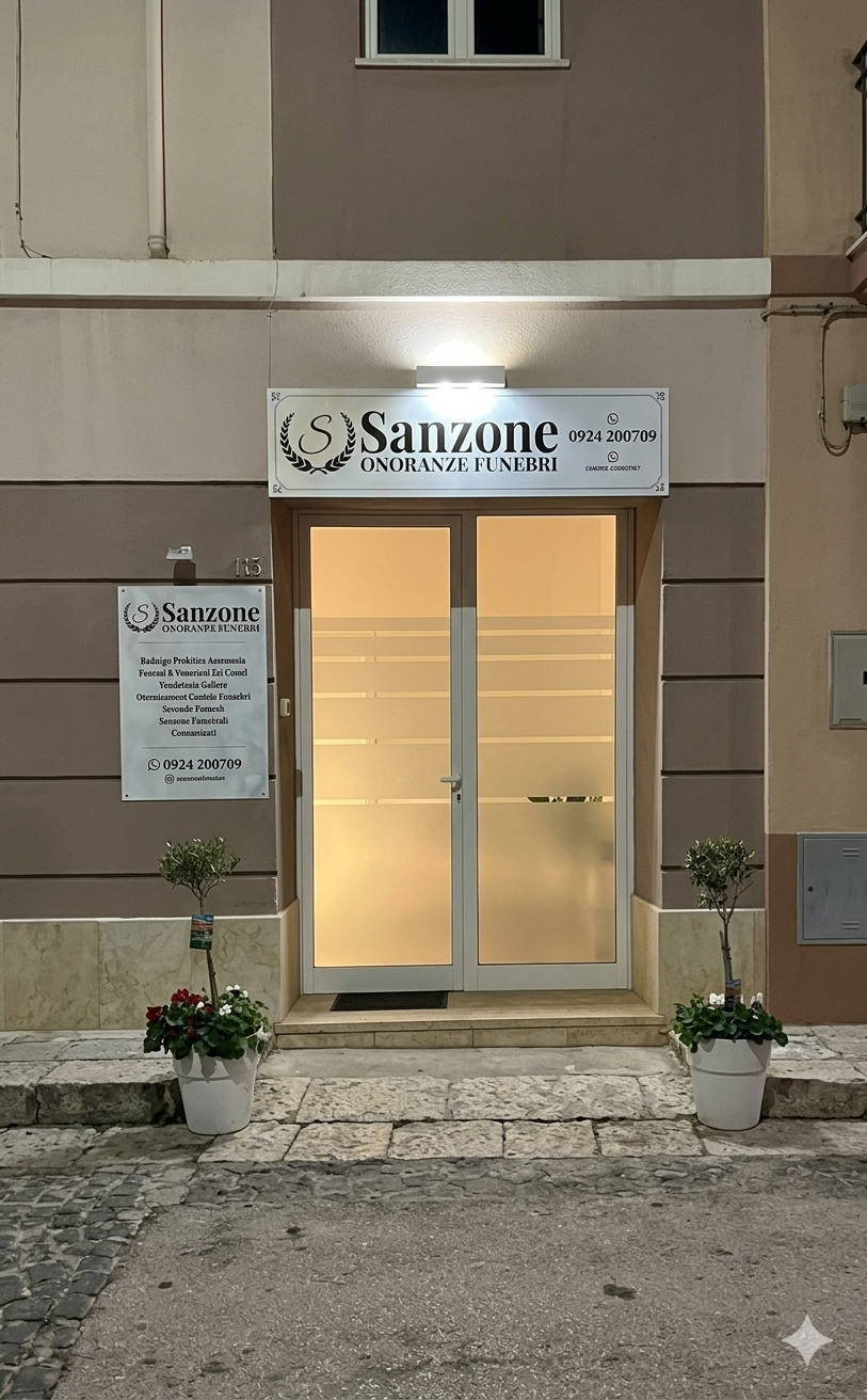 Piccolo ingresso con vetrina illuminata, insegne e piante in vaso all'esterno al crepuscolo