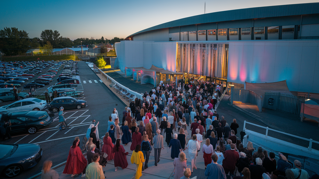 Crowd gathered outside a lit venue at dusk, with rows of parked cars nearby and a blue evening sky.