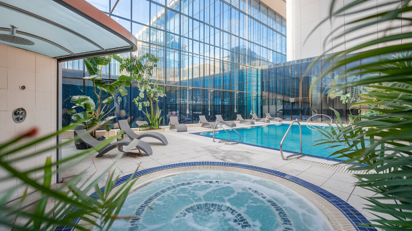 Indoor hotel pool and hot tub with lounge chairs, palm plants, and large glass windows overlooking a sunny courtyard