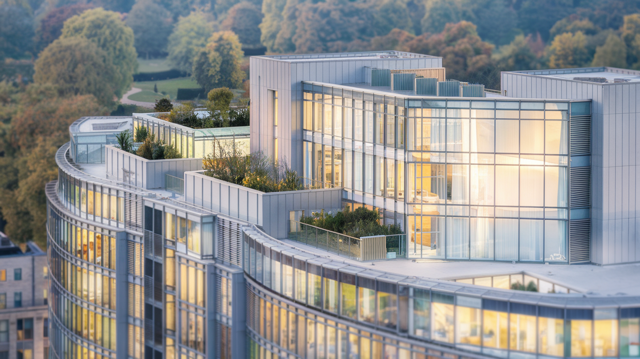 Modern curved glass building with rooftop terraces at sunset, set against trees and distant hills