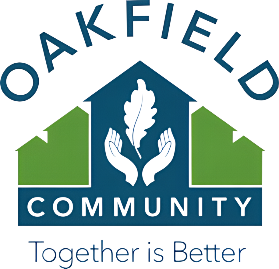 Oakfield Community logo with green houses, blue hands, and the slogan “Together is Better”