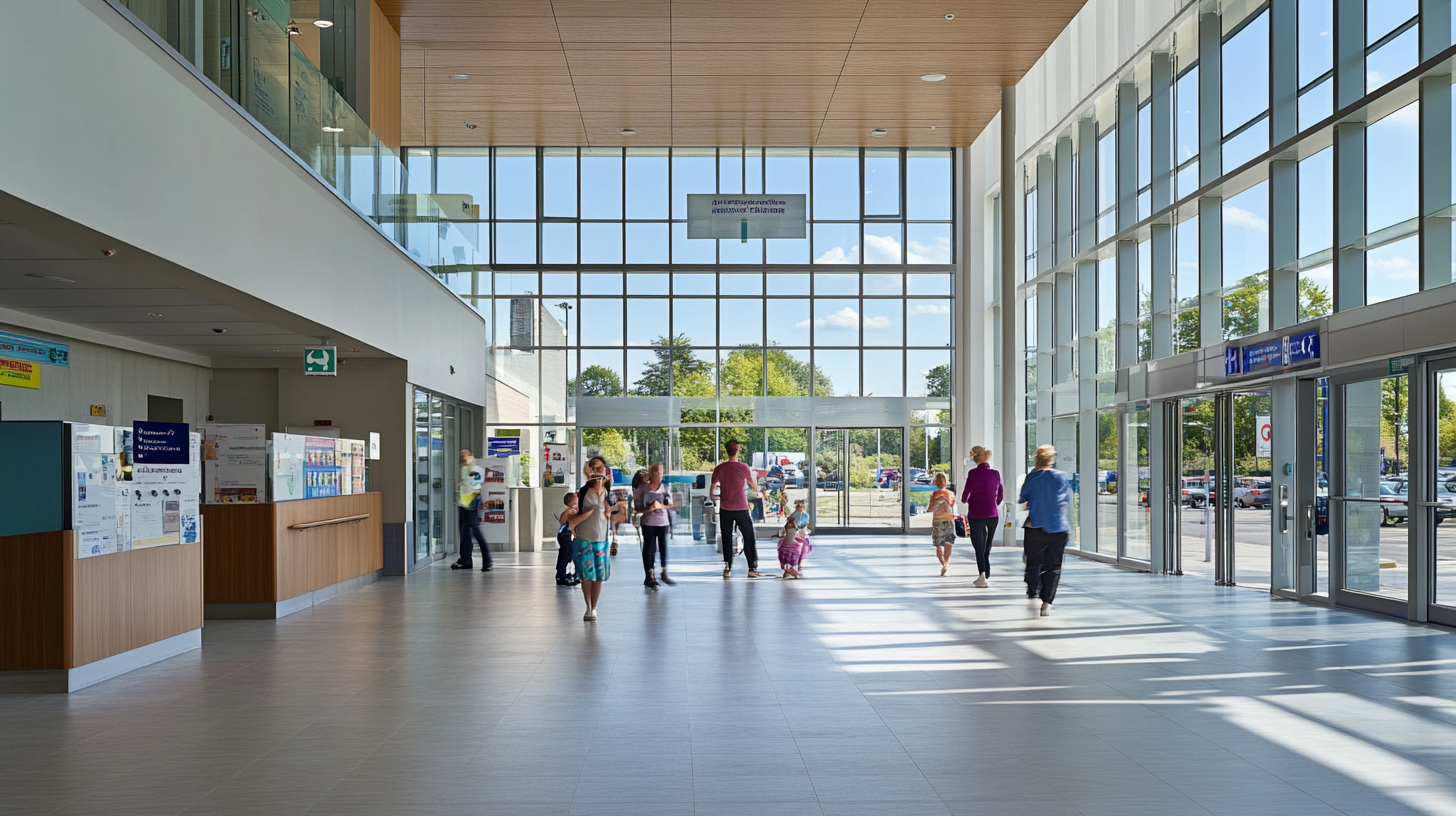 Bright airport concourse with glass walls, check-in counters, and a few people walking inside