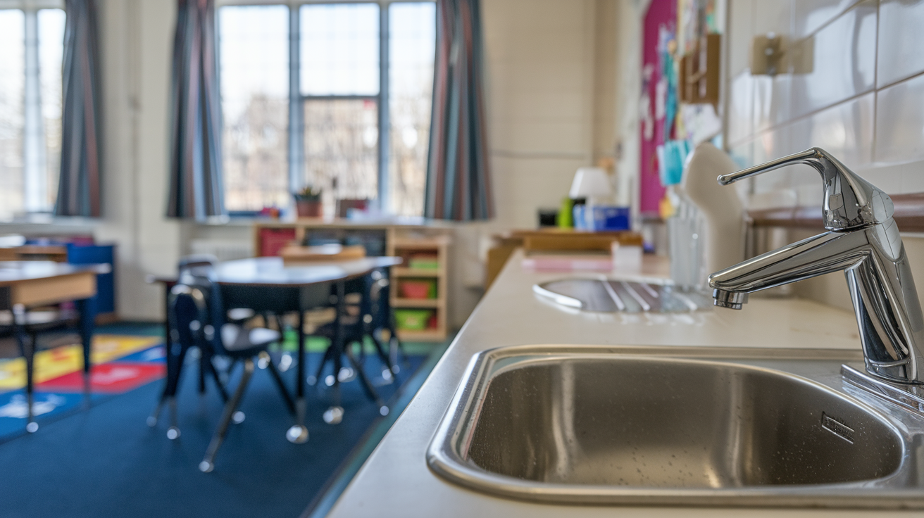 Empty classroom with desks and chairs, colorful rug, and a sink in the foreground.