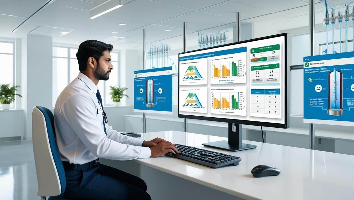 Man analyzing business dashboards on dual monitors in a bright modern office