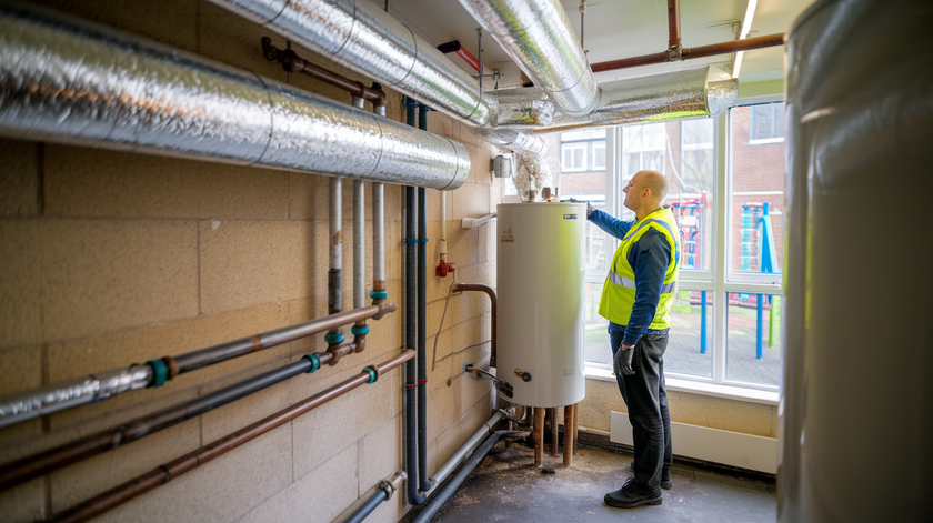 Worker in high-visibility vest inspecting industrial pipes and equipment in a utility room