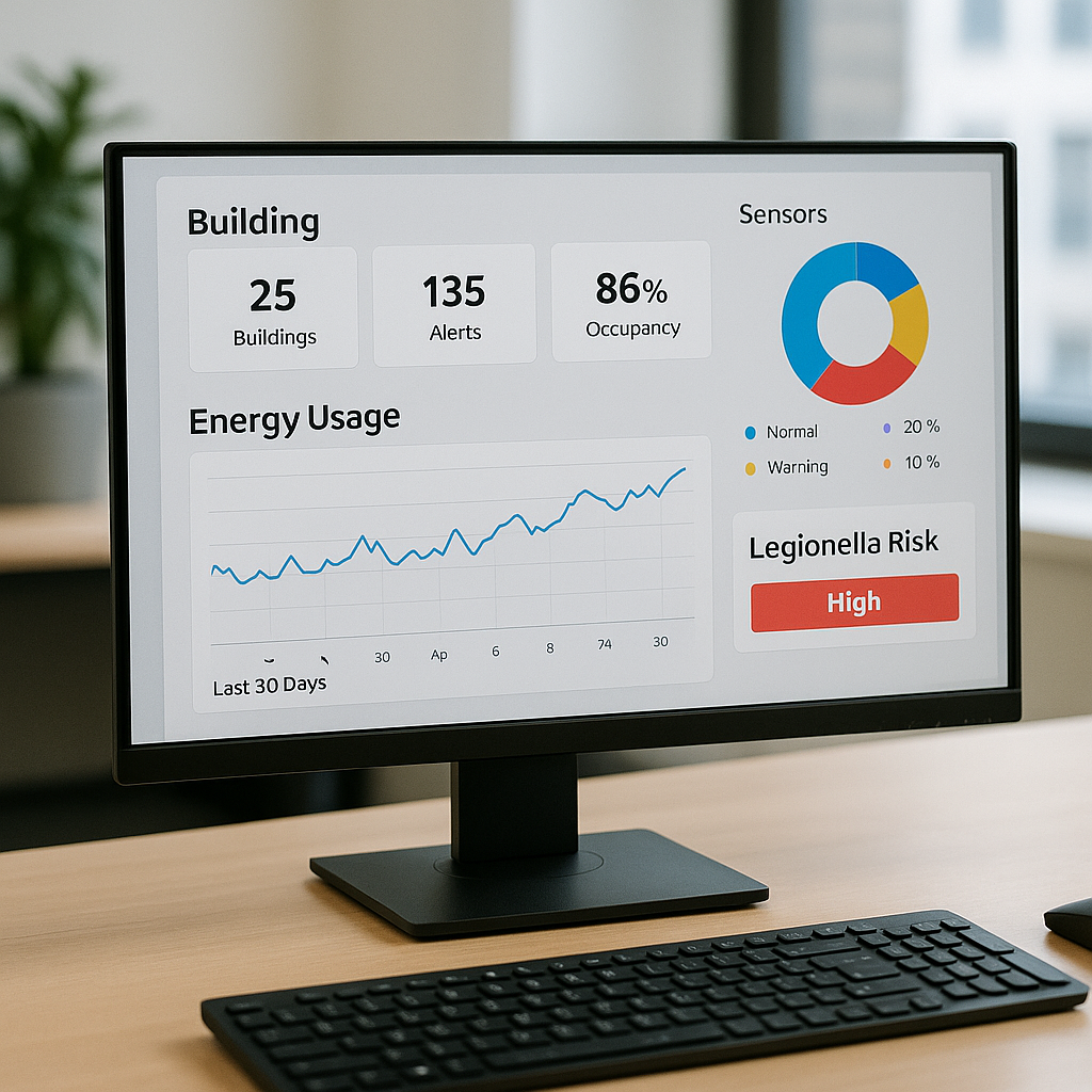 Desktop monitor showing a building energy dashboard with charts, metrics, and a red “High” alert, beside a keyboard