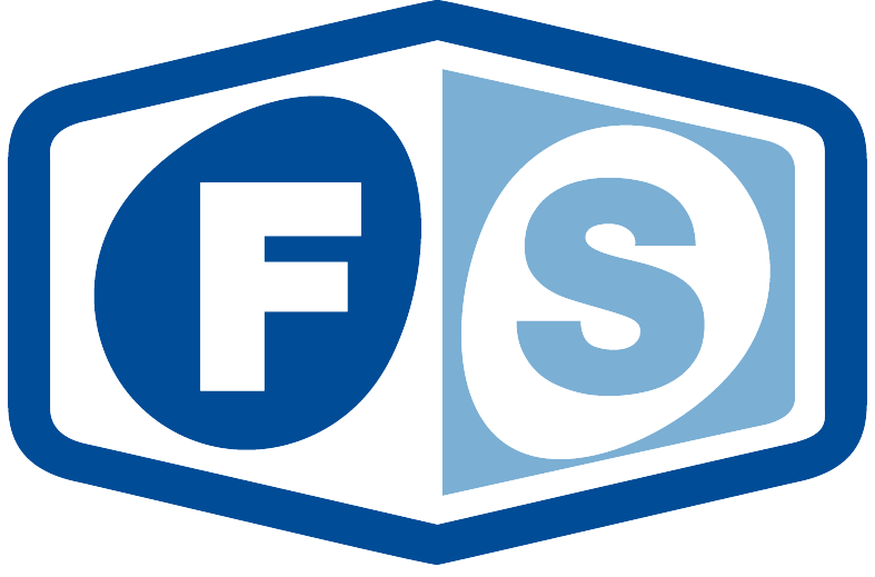 Blue and white FS logo inside a hexagonal shield shape