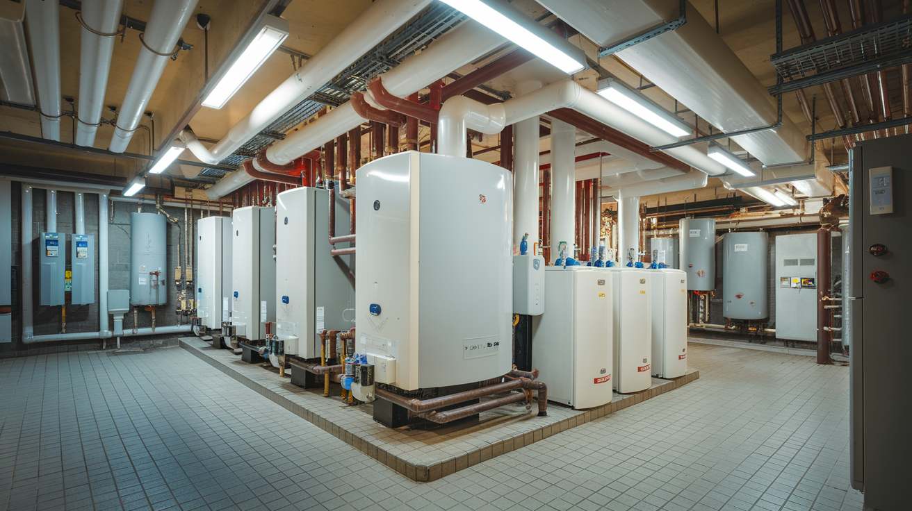 Industrial room with white electrical cabinets, copper piping, and overhead fluorescent lighting