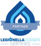 Legionella Dossier Certified partner logo in blue and white with a shield and ribbon