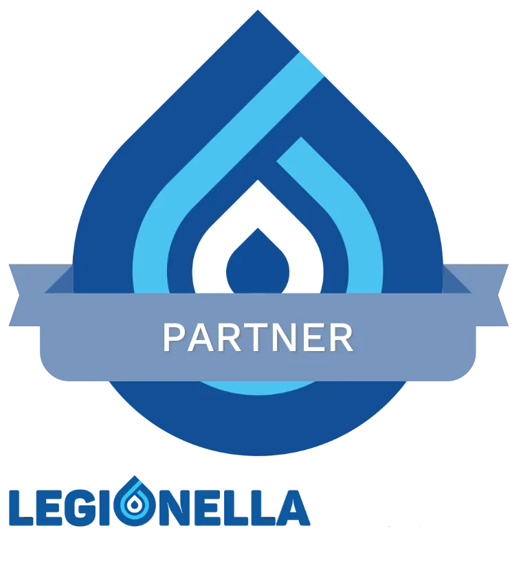 Legionella Dossier Certified partner logo in blue and white with a shield and ribbon