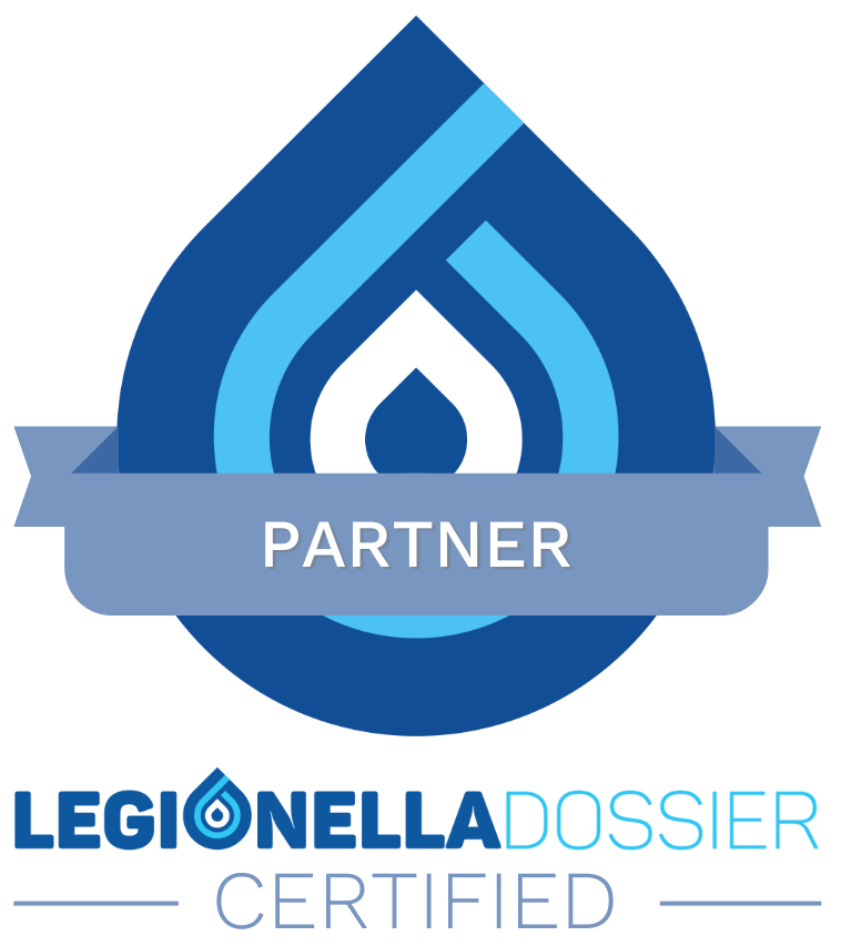 LEGIONELLA DOSSIER certified partner badge in blue with ribbon banner