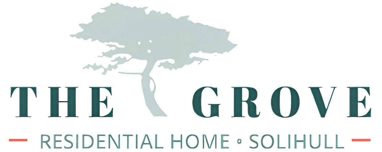 Logo for The Grove Residential Home Solihull with a pale green tree silhouette and gray text