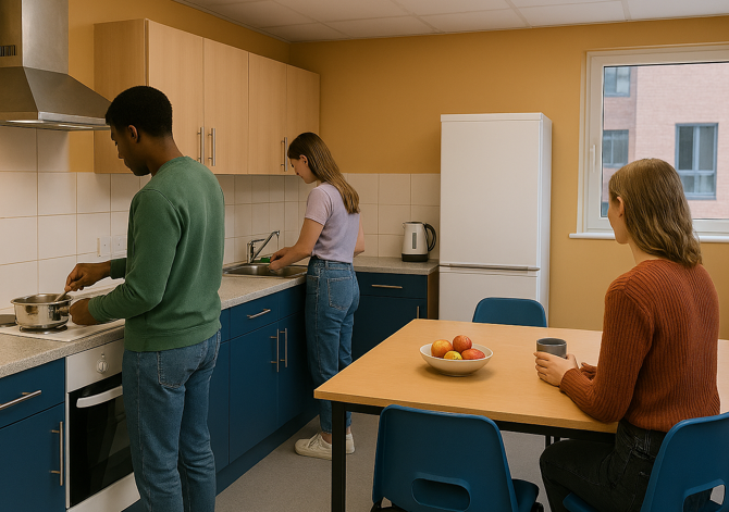 Three people in a kitchen cooking and dining at a table with fruit and mugs.