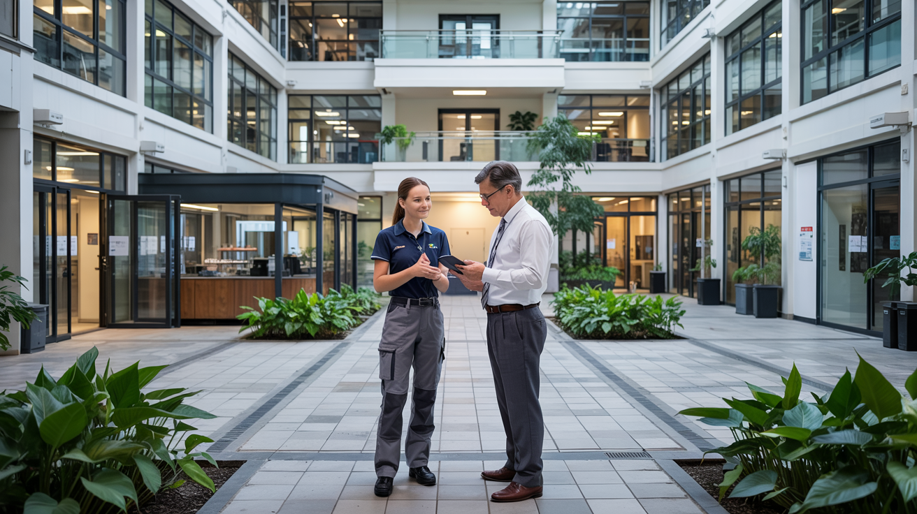 Two people talking in a bright modern courtyard between office buildings, one holding a phone