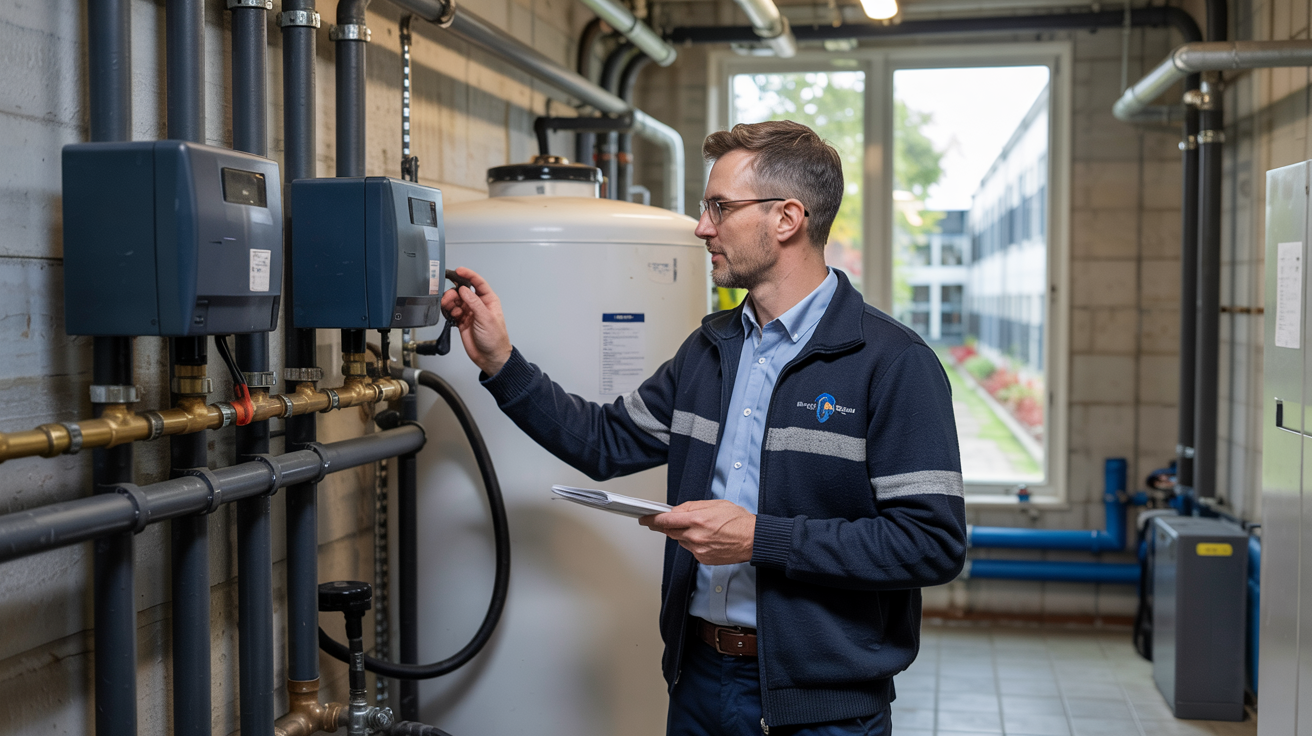 Technician inspecting industrial control equipment in a plant room with pipes and tanks