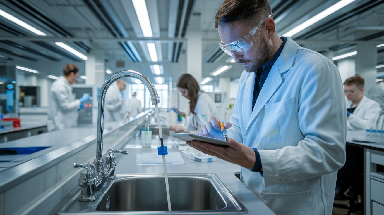 Scientists working in a bright laboratory, examining samples of Legionella