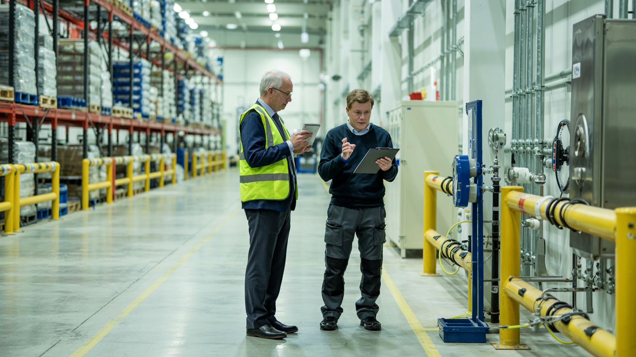 Two workers in safety vests inspecting machinery in a warehouse aisle
