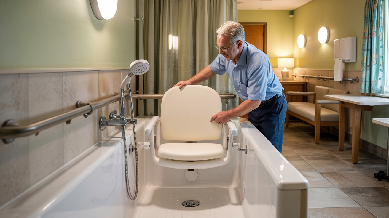 Elderly man cleaning a walk-in bathtub with grab bars in a bright accessible bathroom.