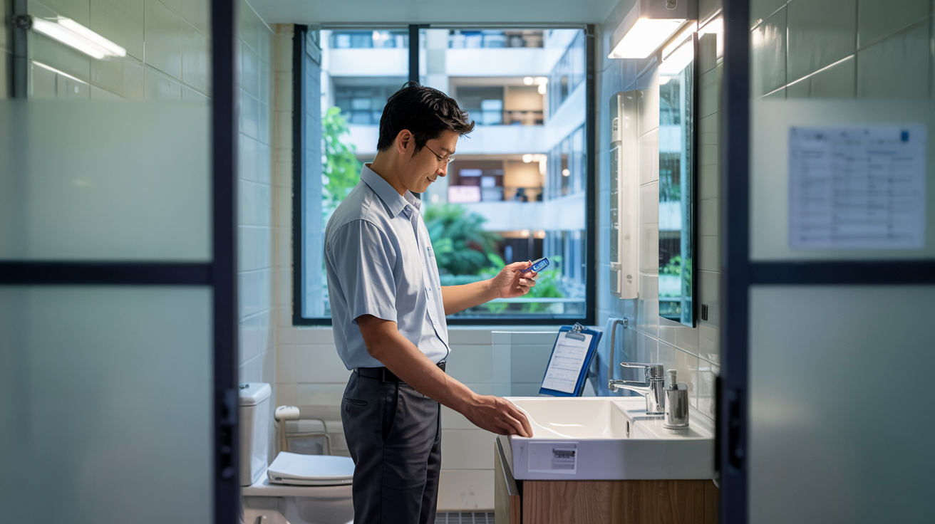 Person standing at a sink in a modern restroom, holding a toothbrush and looking at a phone.