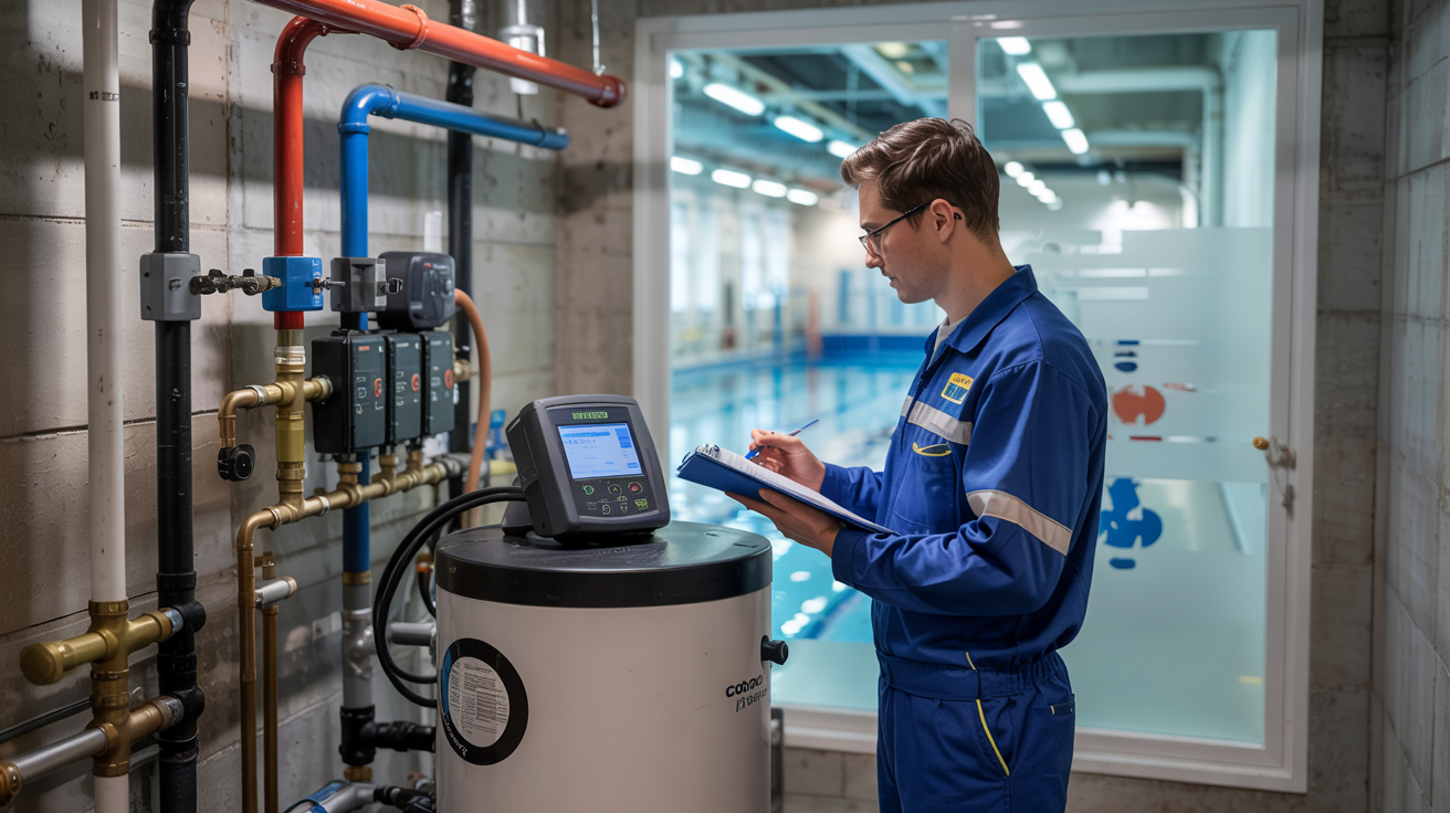 Technician in blue coveralls checks a control panel beside industrial pipes and equipment in a facility