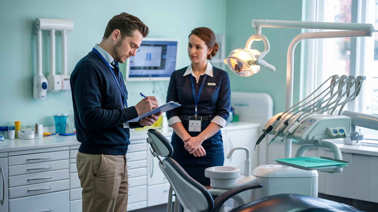 Dentist and assistant in a modern dental clinic, reviewing a chart beside a treatment chair