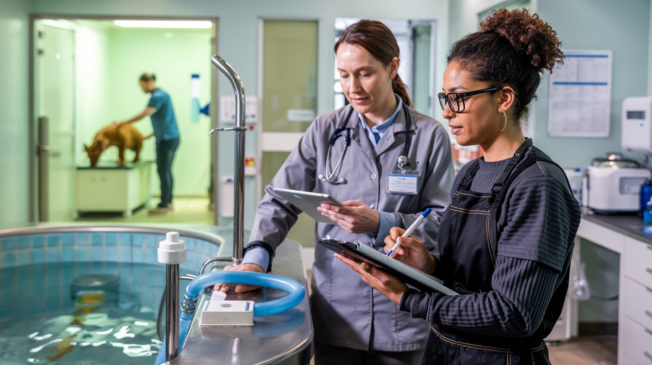 Two technicians examining a tablet beside a lab tank, with a blurred worker in the background