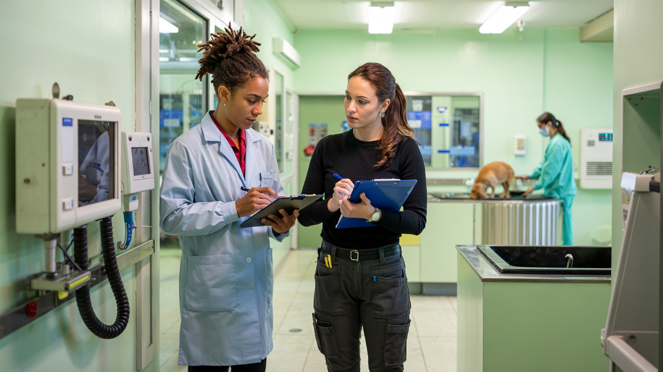 Two lab workers in a sterile lab discussing a tablet beside medical equipment