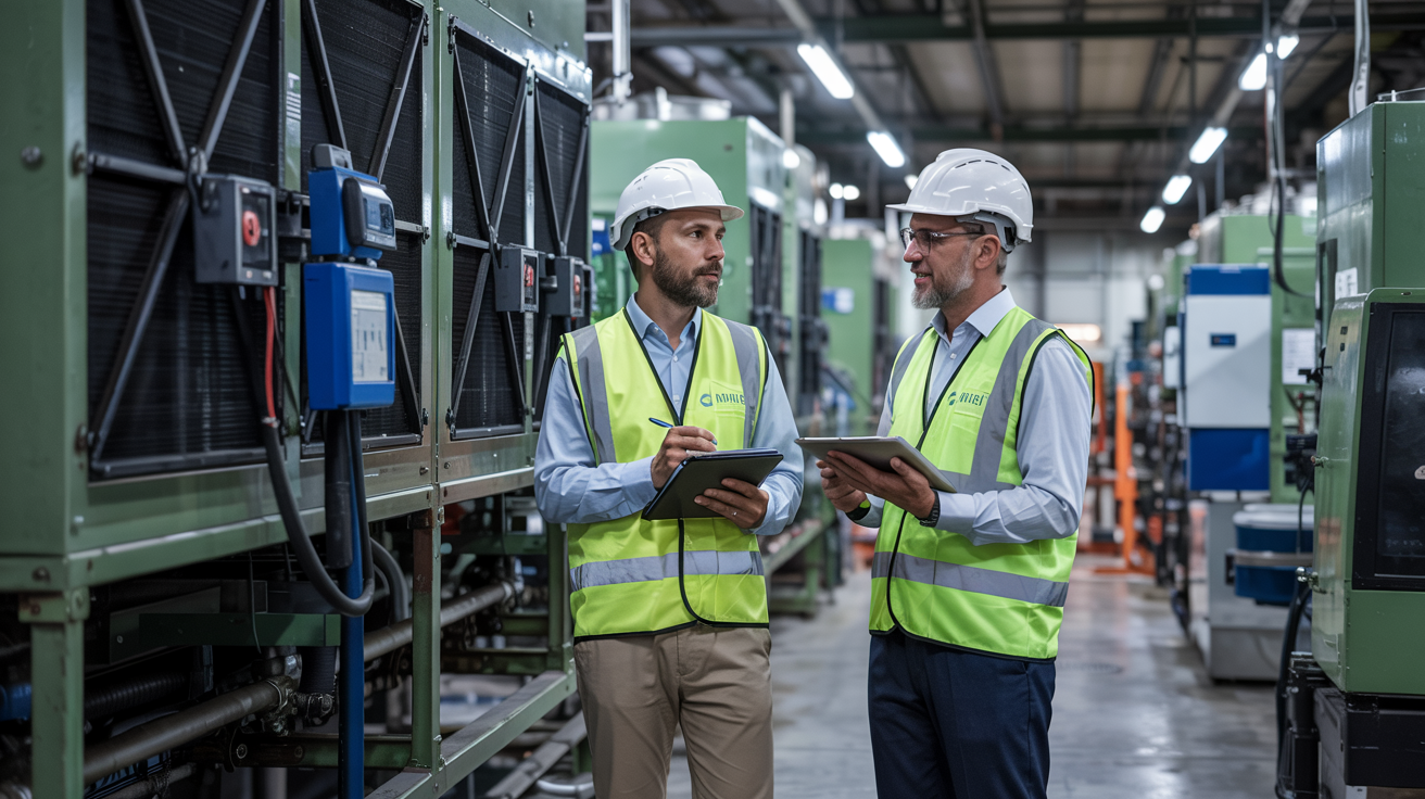 Two factory workers in safety vests and hard hats reviewing a tablet in an industrial aisle.