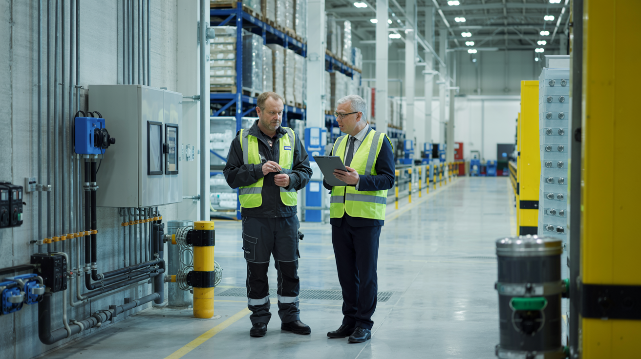 Two workers in high-vis vests discuss on a factory floor beside industrial equipment and yellow columns