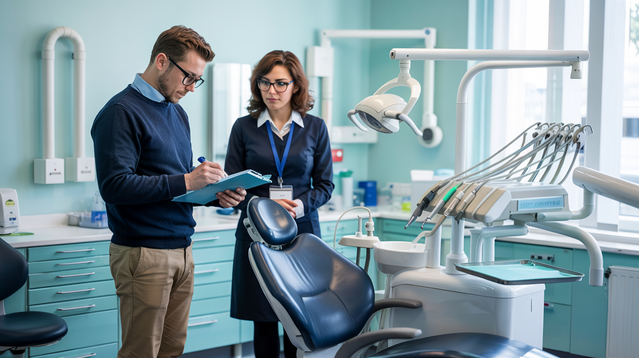 Two people reviewing a dental chair in a bright, modern clinic with medical equipment nearby