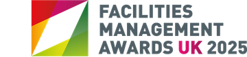 Facilities Management Awards UK 2025 logo with multicolor geometric shape and gray text on white background