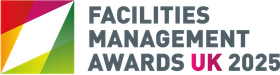 Facilities Management Awards UK 2025 logo with multicolor geometric triangle and gray text