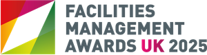 Facilities Management Awards UK 2025 logo with colorful geometric shapes on the left and gray text on white background