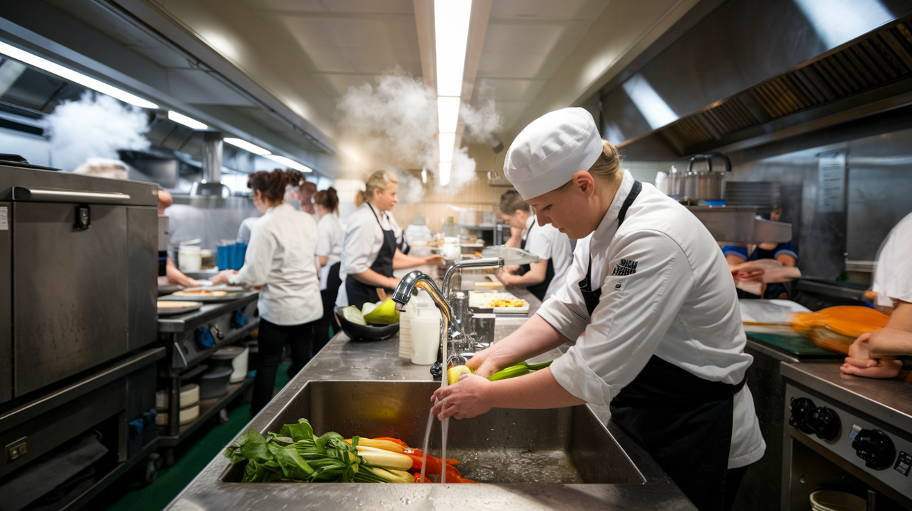 Chefs working in a busy stainless-steel commercial kitchen, preparing vegetables at a large counter.