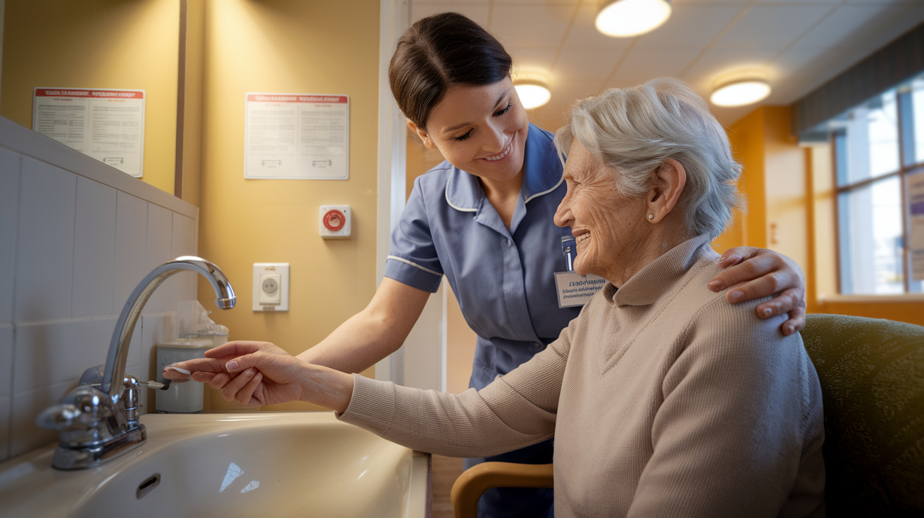 Caretaker helping an elderly woman wash hands at a sink in a warm-lit bathroom