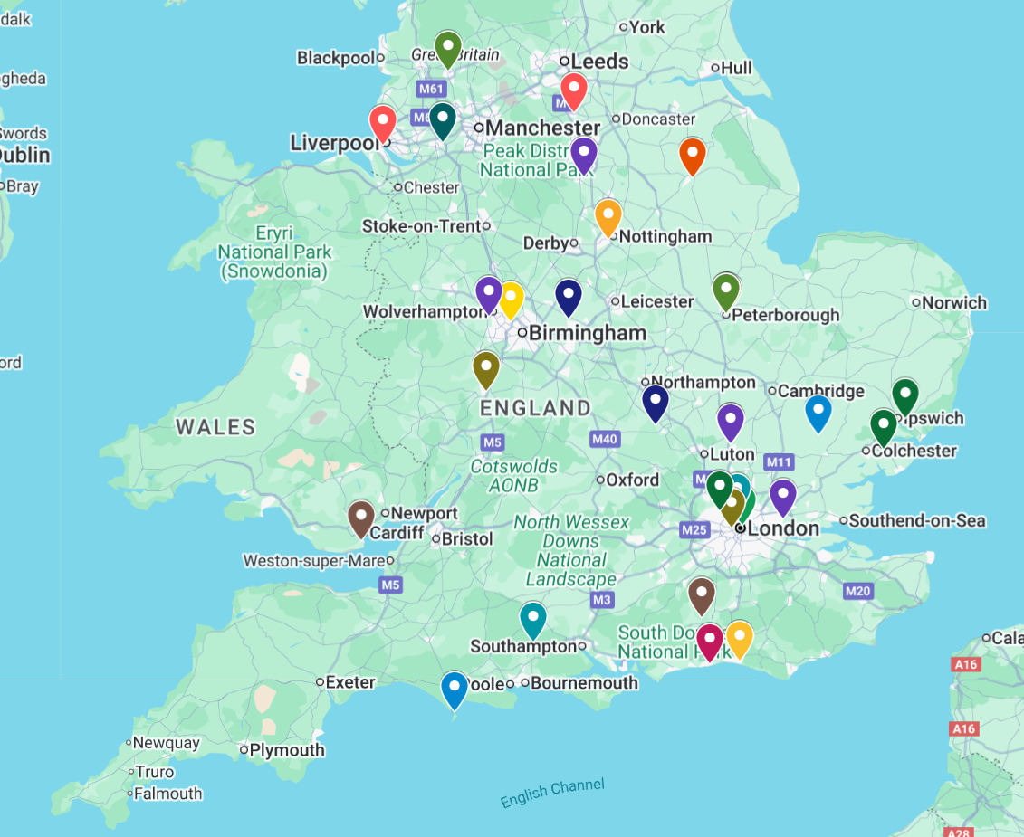 Map of England with many colored location pins marked across the country.