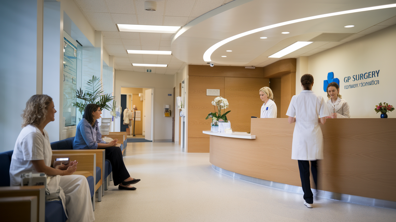 Bright hospital reception area with people waiting and a nurse at the front desk