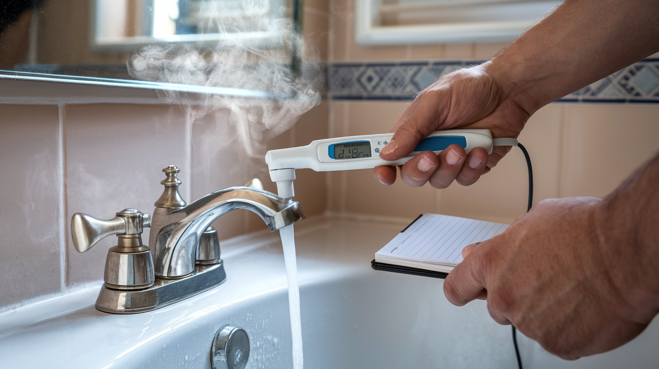 Hand testing a white digital thermometer in a kitchen sink with running water