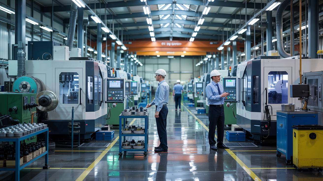 Workers inspecting machinery in a modern factory aisle with bright overhead lights