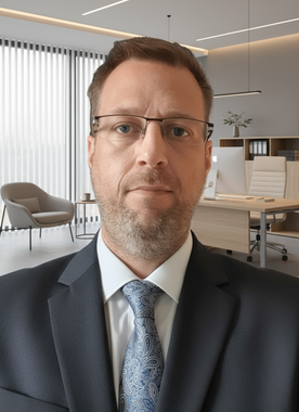 Man in a navy suit and tie posing in a modern office with desks and chairs behind him