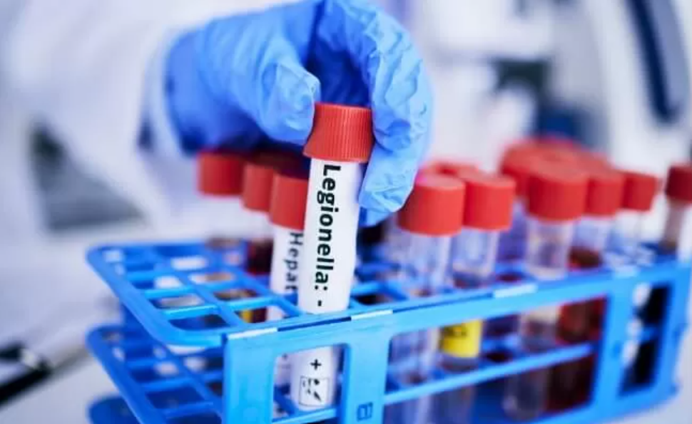 Gloved hand placing labeled test tubes in a blue rack in a laboratory