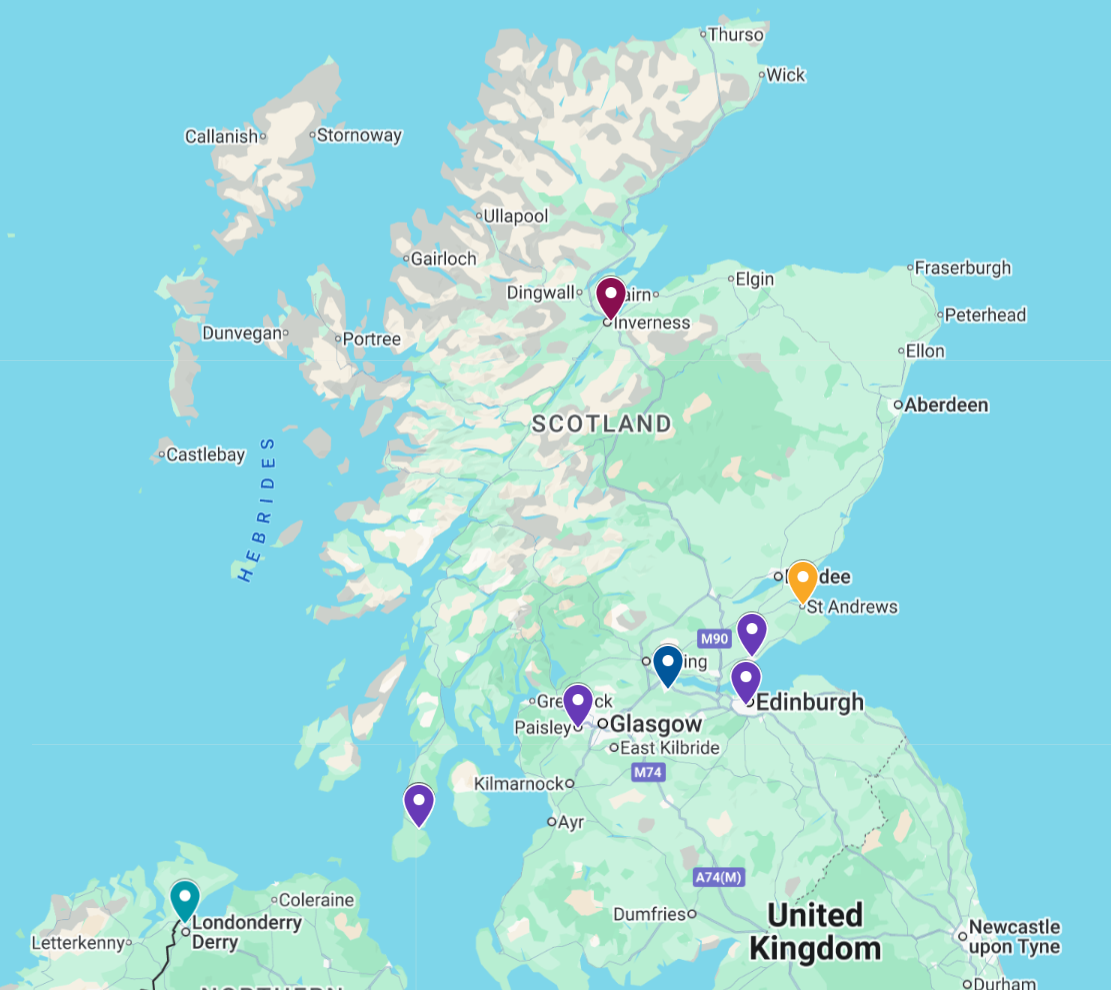 Map of Scotland and the UK with multiple colored location pins, centered on Scotland.