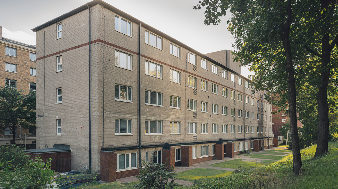 Brick apartment building beside a grassy path and trees on a sunny day