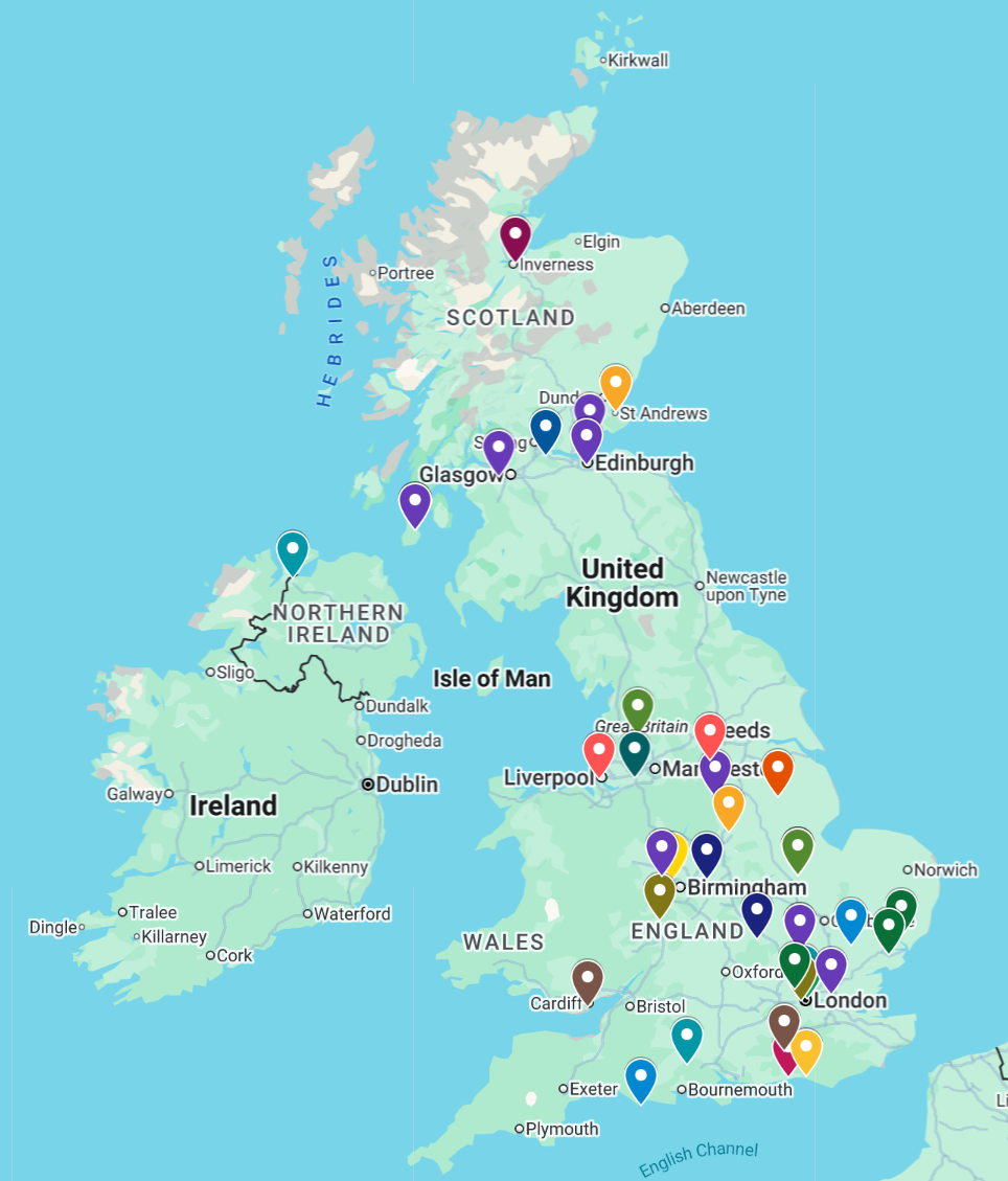 Map of the United Kingdom and Ireland with many colored location pins clustered across England and Scotland