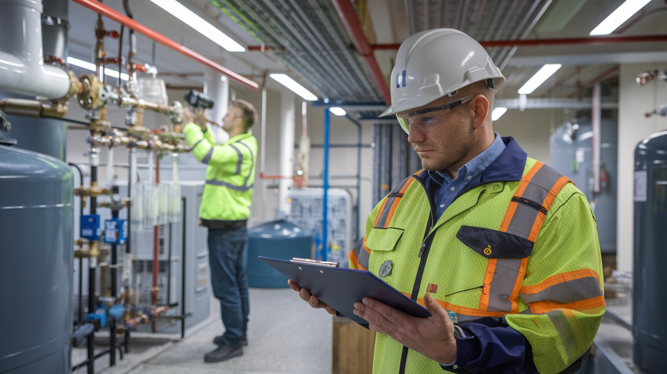 Two technicians in safety gear inspect industrial piping inside a factory, one reading from a tablet.