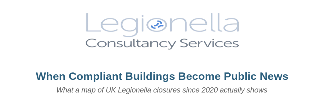 Legionella Consultancy Services logo with “When Complaint Buildings Become Public News” headline on white background