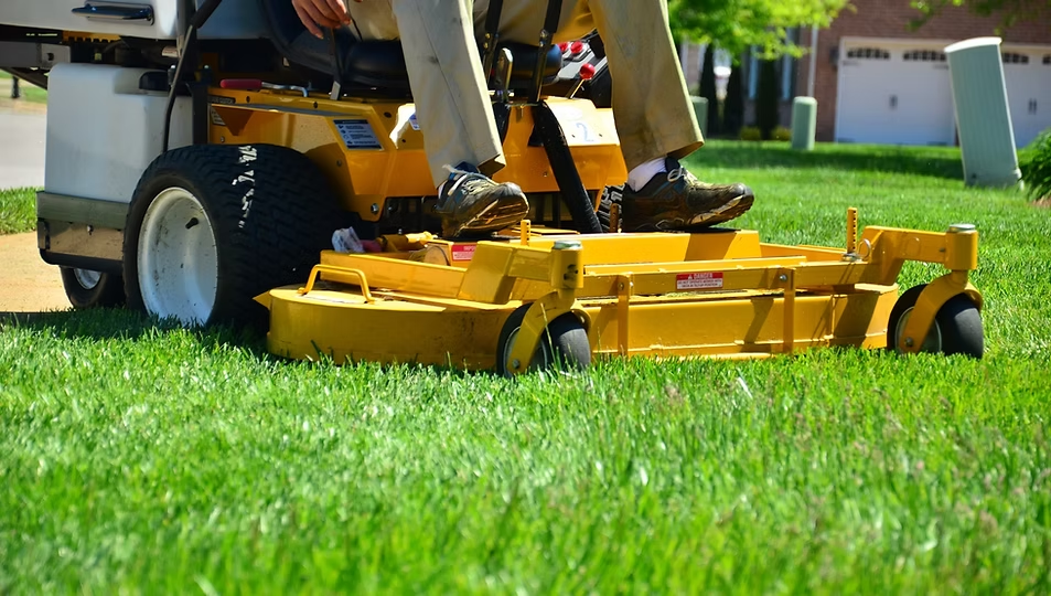 Yellow lawn mower cutting grass on a green lawn