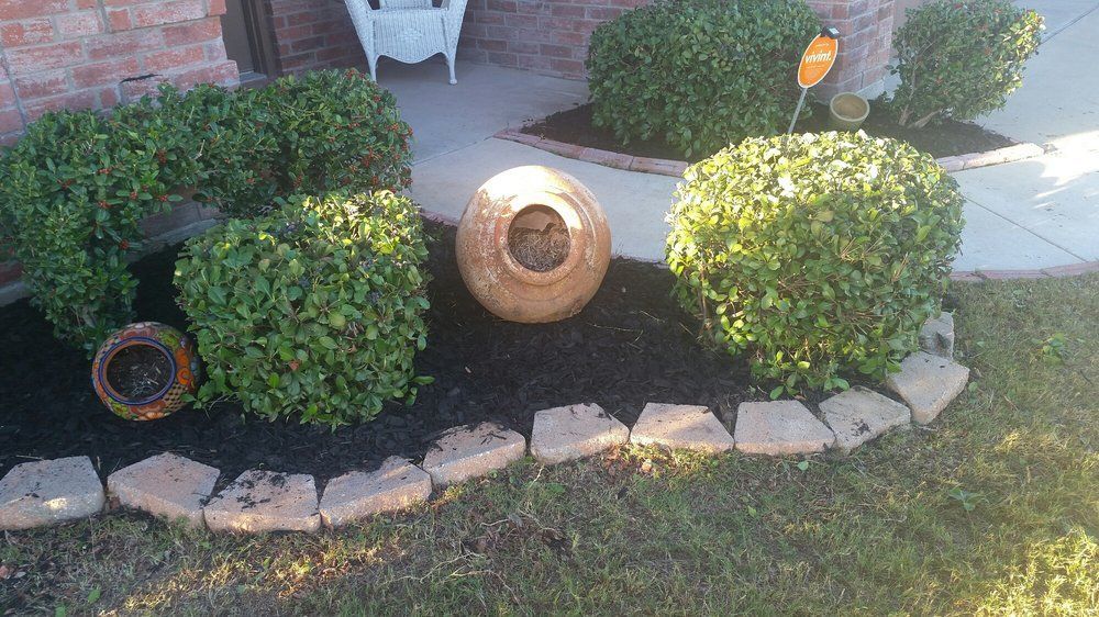 Front yard garden with trimmed shrubs, a round stone fountain, and a curved border of stepping stones.